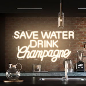 Risparmia acqua, bevi champagne, insegna al neon a LED personalizzata per bar, citazione personalizzata, decorazione da parete per feste di matrimonio, decorazione per bar, lounge e pub