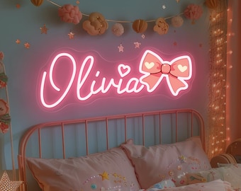 Custom Bow Name LED Neon Sign, Personalized Kid's Bedroom Neon Light, Nursery Girl Room Wall Decor, Gift For Kids, Birthday Gift