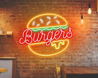 Burger Neon Sign Custom LED Dimmable Hamburger Neon Light Up Sign Home Wall Decor Fast Food Coffee Shop Restaurant Bar Decoration