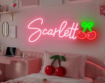 Custom Cherry Name LED Neon Sign, Personalized Kid's Bedroom Neon Light Sign, Nursery Girl Room Wall Decor, Gift For Kids, Christmas Gift