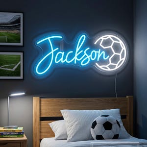 Custom Soccer Name Neon Sign, Boy's Bedroom Nursery Name LED Neon Light, Football Sports Birthday Party Decor, Soccer Gift, Birthday Gifts