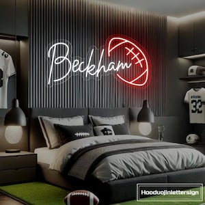 Insegna al neon personalizzata con nome da rugby, decorazione da parete per camera da letto per ragazzi, decorazione per feste di compleanno con tema sportivo da basket e baseball, regalo personalizzato per bambini.