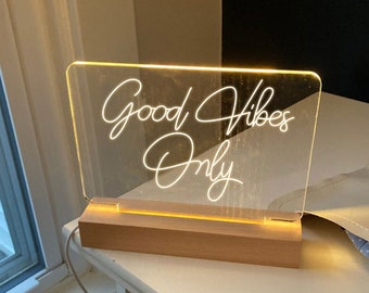 Good Vibes Only USB Power Personalized Name Night Light Custom Engraved Plaque Led Sign Wood Stand Lamp Unique Wedding Housewarming Gift