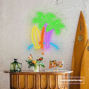 Insegna al neon con palma da surf, negozio di tavole da surf personalizzate, luce al neon a LED, decorazione estiva per spiaggia, bar Tiki, decorazione da parete per feste, regali per surfisti