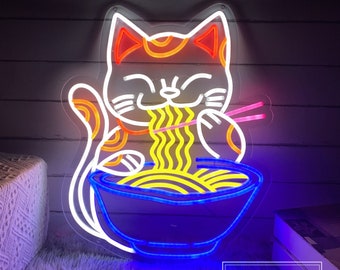 Fortune Cat Ramen LED Neon Sign, Custom Japanese Noodles Restaurant Neon Light Kitchen Anime Wall Decor Food Bar Decoration Lucky Cat Sign