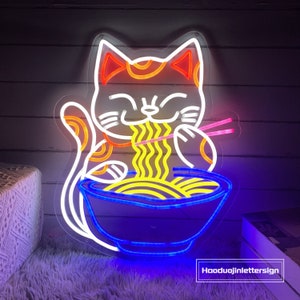 Fortune Cat Ramen LED Neon Sign, Custom Japanese Noodles Restaurant Neon Light Kitchen Anime Wall Decor Food Bar Decoration Lucky Cat Sign