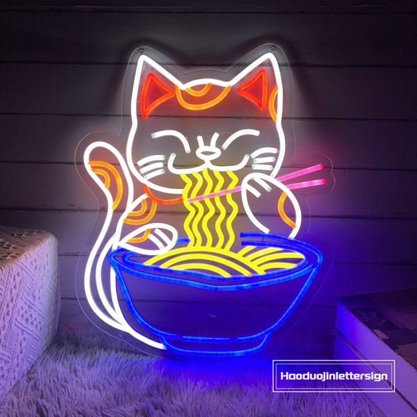 Fortune Cat Ramen LED Neon Schild, benutzerdefinierte japanische Nudeln Restaurant Neonlicht Küche Anime Wanddekor Food Bar Dekoration Glückskatzenschild