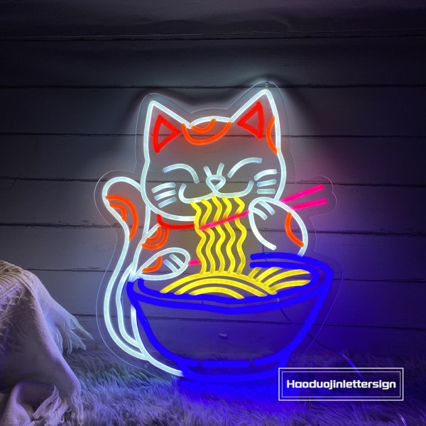 Fortune Cat Ramen LED Neon Sign, Custom Japanese Noodles Restaurant Neon Light Kitchen Anime Wall Decor Food Bar Decoration Lucky Cat Sign