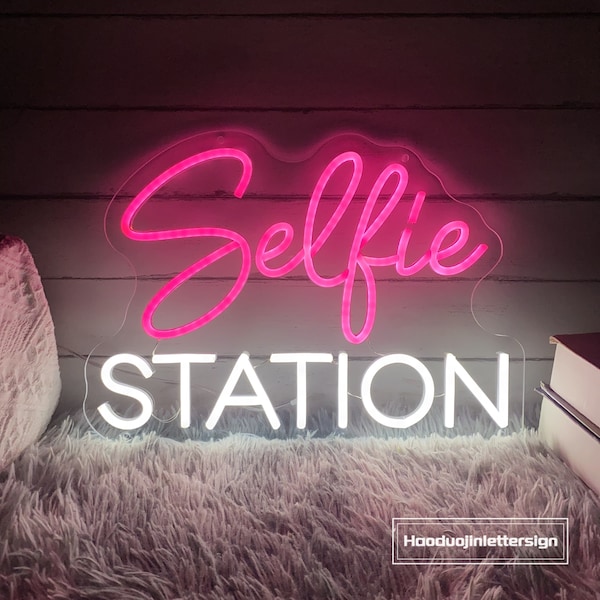 Selfie Station Neon Sign, Custom Selfie Here LED Neon Light Home Beauty Room Salon Wall Decor Photo Backdrop Wedding Party Decoration Gift