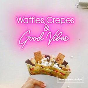 Insegna al neon Waffle, Crepes e Good Vibes, negozio di dolci personalizzati, Crepes House, luce al neon a LED, bar, caffetteria, negozio, decorazione da parete per la casa, regalo