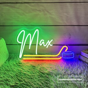 Custom Hockey Neon Sign, Hockey Name Teens Boy's Bedroom Wall Decor, Sports Birthday Party Decor Personalized Gift For Kids, Hockey Gift Green+Orange+Blue
