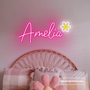 Insegna al neon a LED con nome personalizzato per bambini, cameretta per bambini personalizzata, camera da letto per bambini, luce al neon con fiori, decorazione da parete per la casa, regalo di compleanno