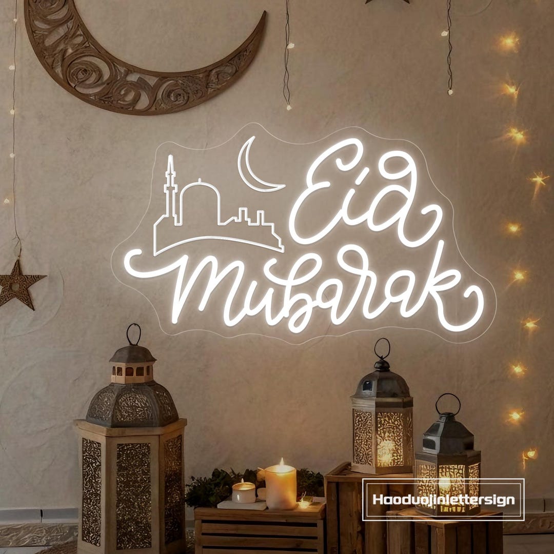 Eid Mubarak Mosque Crescent Moon Neon Sign, Custom Ramadan Kareem LED ...