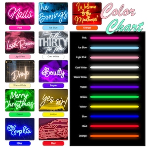 May include: A collection of neon signs in various colors, including pink, ice blue, orange, light pink, cool white, warm white, purple, green, yellow, blue, and red. The signs display words and phrases like "Nails," "The Bowings," and "Merry Christmas."