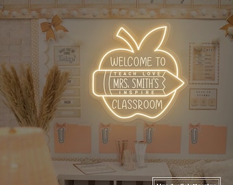 Benutzerdefinierte Lehrer Name Neon Schild, personalisierte Lehrer Name LED Neonlicht, Willkommen Klassenzimmer Dekor, Bleistift Willkommen Türschild, Geschenk für Lehrer