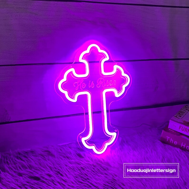 Letrero de neón con la cruz "Él ha resucitado", luz LED de neón personalizada para el día de Pascua, decoración de pared para iglesia con la imagen de Jesús "Feliz Pascua", regalo cristiano, regalo religioso imagen 8