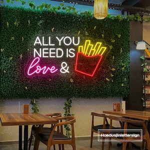 All You Need Is Love & Fries Neon Sign, Custom Fried Potato Chips LED Neon Light Fast Food Restaurant Wall Decor Street Food Business Sign