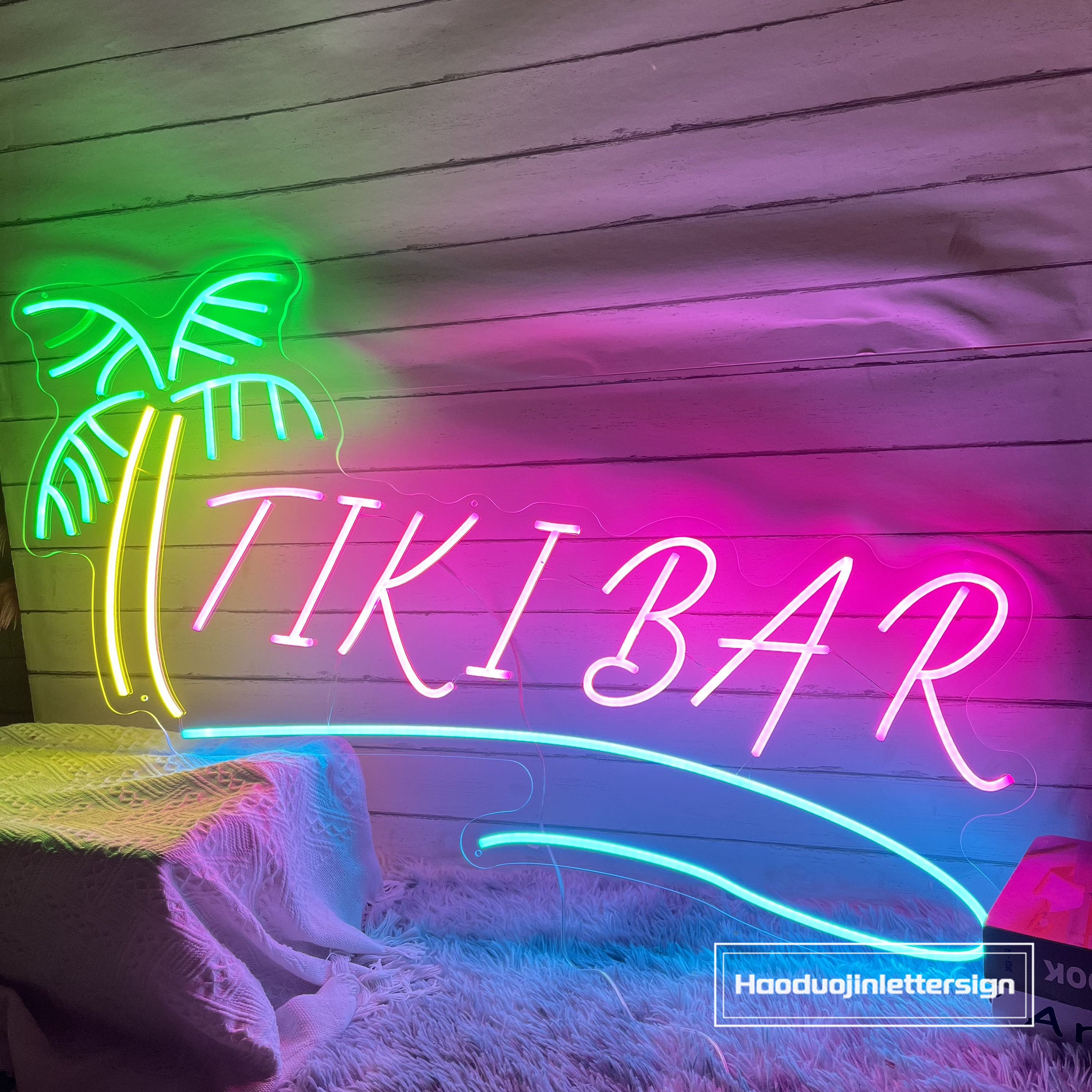Custom Tiki Bar Neon Sign – Personalized Palm Tree LED Light For Home Bar, Man Cave, Or Pub Decor – Dimmable, 12V, Size 25"