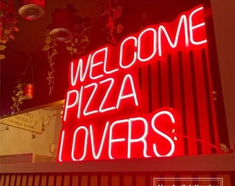 Welcome Pizza Lovers Neon Sign, Custom Pizza LED Neon Light Fast Food Home Wall Decor Personalized Bar Kitchen Party Restaurant Welcome Sign