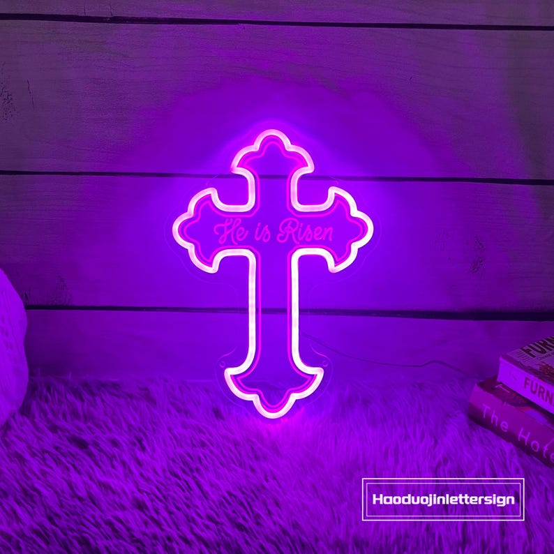 Letrero de neón con la cruz "Él ha resucitado", luz LED de neón personalizada para el día de Pascua, decoración de pared para iglesia con la imagen de Jesús "Feliz Pascua", regalo cristiano, regalo religioso Morado