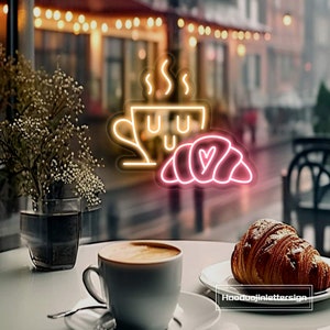Insegna al neon a LED per caffè e croissant, decorazione personalizzata per bar, caffetteria, panetteria, luce al neon, tazza da caffè, decorazione da parete per bar di casa, regalo per gli amanti del caffè
