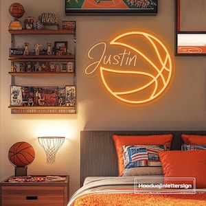 Custom Basketball Name Neon Sign,Boy&#39;s Bedroom Name LED Neon Light Wall Decor,Basketball Sports Birthday Party Decor,Basketball Player Gifts