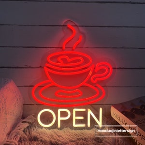 Insegna al neon a LED con tazza di caffè aperta, decorazione da parete personalizzata per bar, caffetteria, ristorante, decorazione luminosa al neon, insegna di benvenuto, regalo personalizzato