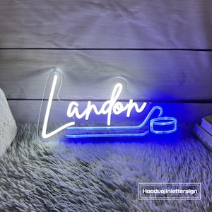 Custom Hockey Neon Sign, Hockey Name Teens Boy's Bedroom Wall Decor, Sports Birthday Party Decor Personalized Gift For Kids, Hockey Gift Cool White+Blue