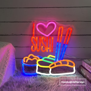 I Love Sushi LED Neon Sign, Custom Japanese Sushi Restaurant Decor Sushi Roll Neon Light Home Kitchen Wall Decor Food Sushi Bar Open Sign