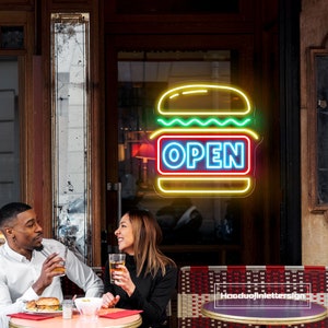 Insegna al neon con hamburger aperto Insegna al neon a LED personalizzata con hamburger Decorazione da parete per la casa Decorazione per bar, ristoranti, fast food, caffetteria, cartello di benvenuto