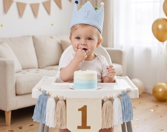 Blue Beige White High Chair Banner, Tassel Garland Crown, 1st Birthday Chair Banner, Boho First Birthday Decor,Baby Boy Birthday Decorations