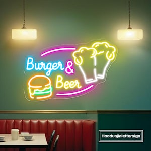 Insegna al neon per hamburger e birra, bar per snack con hamburger personalizzato, decorazione da parete per la casa, bar, fast food, caffetteria, ristorante, pub, decorazione aziendale