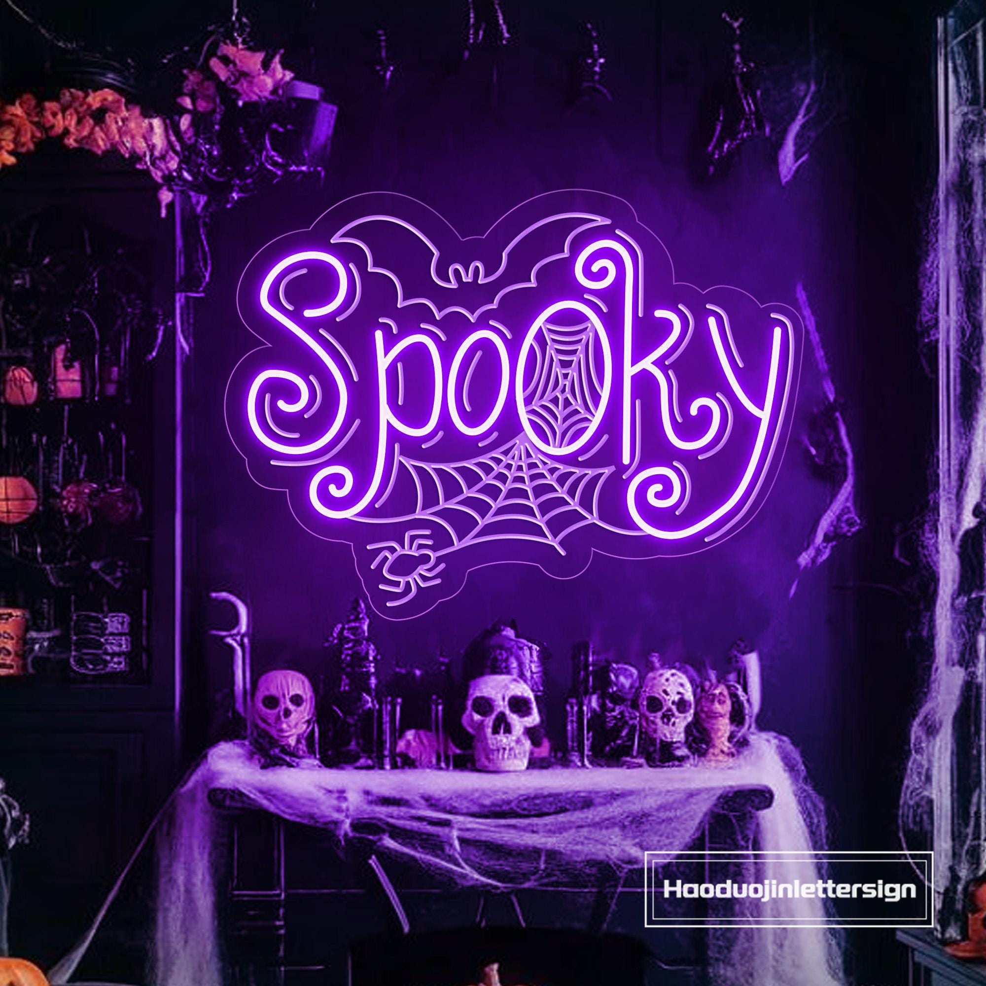 Spooky Bat Spiderweb Neon Sign, Custom Halloween LED Neon Light
