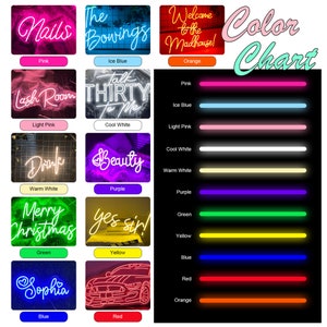 May include: A collection of neon signs in various colors, including pink, ice blue, orange, light pink, cool white, warm white, purple, green, yellow, blue, and red. The signs display words like "Nails," "The Bowings," "Welcome to the Madhouse!", "Lash Room", "Talk Thirty To Me", "Drink", "Beauty", "Merry Christmas", "yes sir!", "Sophia", and a car.