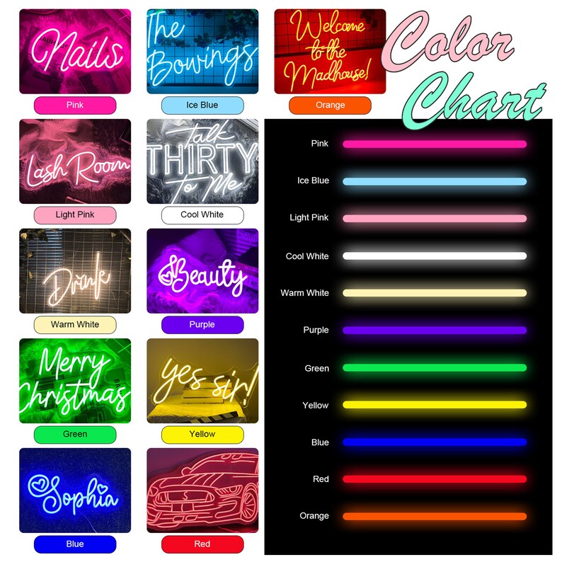 May include: A collection of neon signs in various colors, including pink, ice blue, orange, light pink, cool white, warm white, purple, green, yellow, blue, and red. The signs display words like "Nails," "The Bowings," "Welcome to the Madhouse!", "Lash Room", "Talk Thirty To Me", "Drink", "Beauty", "Merry Christmas", "yes sir!", "Sophia", and a car.