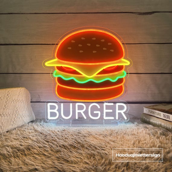 スタンド付きハンバーガーLEDネオンサイン、カスタムUVプリント 