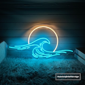 Insegna al neon a onde e tramonto, luce al neon a LED personalizzata con sole, oceano, alba, mare, decorazione da parete per la casa, soggiorno, bar sulla spiaggia, regalo personalizzato