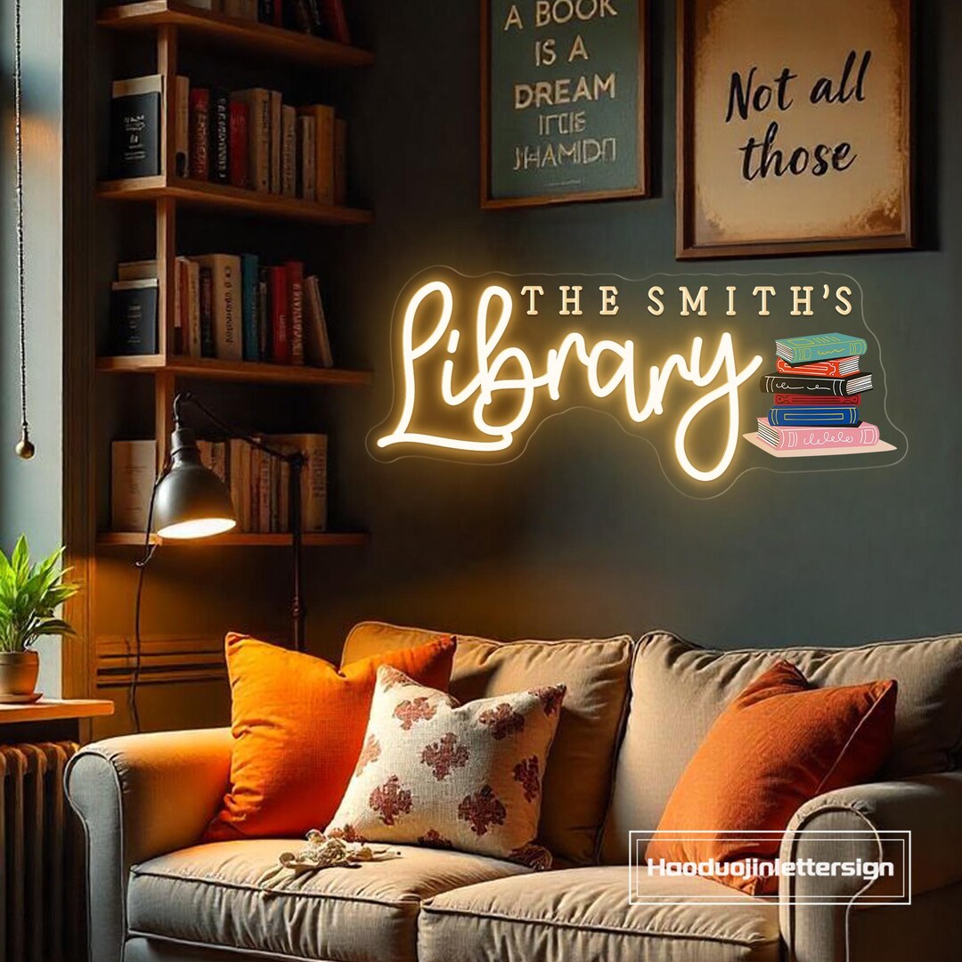 Personalized Library Neon Sign, Custom Home Library Name Neon Light ...