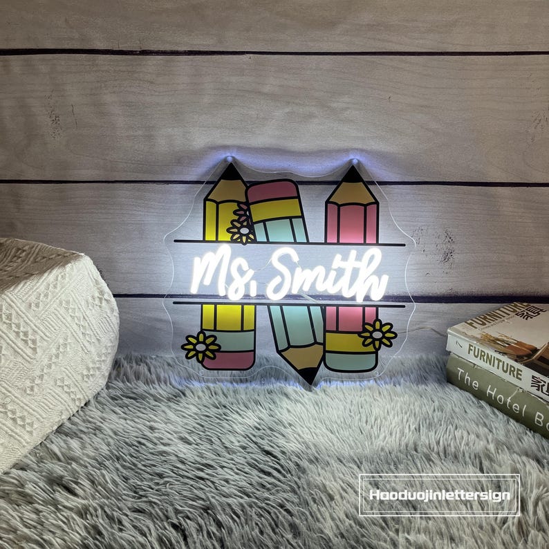 Custom Teacher Name Pencil Neon Sign, Teacher Welcome LED Neon Light ...