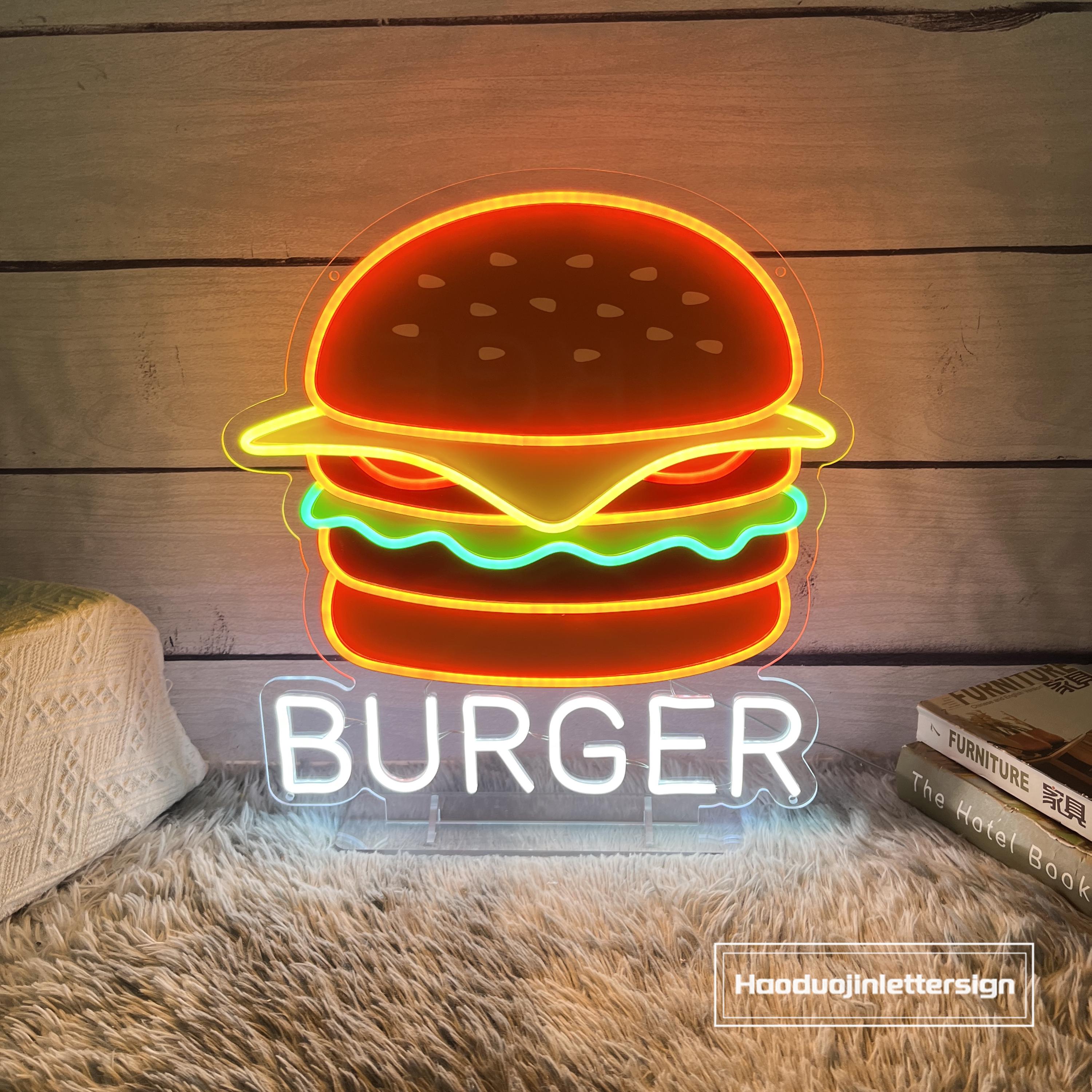 ハンバーガーLEDネオンサイン（スタンド付き）、カスタムUVプリント 