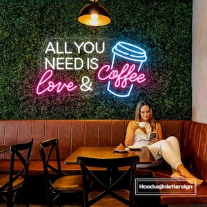 All You Need Is Love & Coffee LED Neon Sign, Custom Coffee Bar Shop Cafe Drink Neon Light Restaurant Home Wall Decor Welcome Open Sign