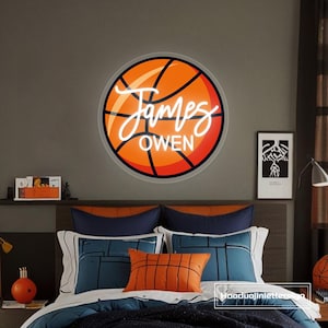 Custom Basketball Name Neon Sign, UV Printing Boy&#39;s Bedroom Name LED Neon Light, Basketball Sports Birthday Party Decor, Basketball Gifts