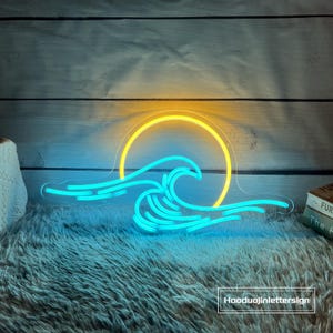 Letrero de neón con diseño de olas y atardecer, luz LED de neón personalizada con diseño de sol, océano, amanecer y mar, decoración de pared para el hogar, sala de estar, playa, bar, regalo personalizado