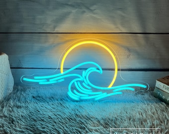 Letrero de neón con diseño de olas y atardecer, luz LED de neón personalizada con diseño de sol, océano, amanecer y mar, decoración de pared para el hogar, sala de estar, playa, bar, regalo personalizado