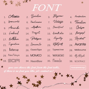 Puede incluir: Un fondo rosa muestra una lista de 36 estilos de fuente diferentes, numerados y con nombre. La palabra "FONT" est&aacute; en la parte superior. El texto en la parte inferior anima a los clientes a contactar al vendedor si no ven una fuente que les guste.