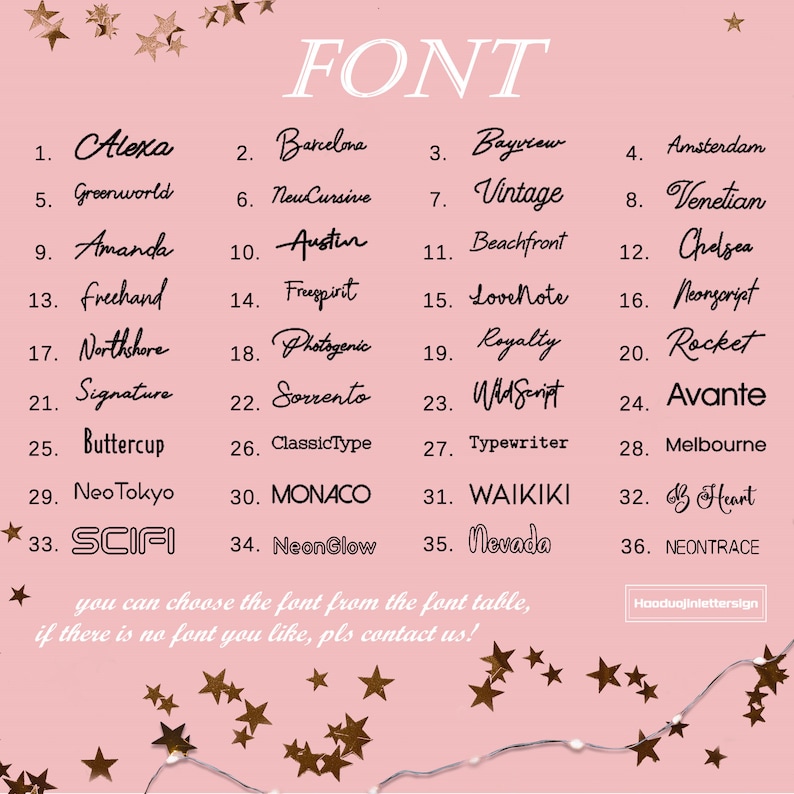 Puede incluir: Un fondo rosa muestra una lista de 36 estilos de fuente diferentes, numerados y con nombre. La palabra "FONT" est&aacute; en la parte superior. El texto en la parte inferior anima a los clientes a contactar al vendedor si no ven una fuente que les guste.