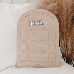 Meilensteintafel für die ersten 12 Monate | DIY Fotowand | Holztafel für das erste Lebensjahr