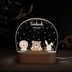 Personalisierte Nachtlampe mit Holzsockel und Acrylglas, bedruckt mit bunten HejHanni-Motiven und Wunschnamen. Dimmbares Kinderzimmerlicht – ideales Geschenk zur Geburt, Taufe oder zum Geburtstag.