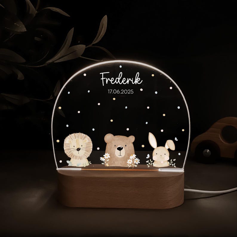 Personalisierte Nachtlampe mit Holzsockel und Acrylglas, bedruckt mit bunten HejHanni-Motiven und Wunschnamen. Dimmbares Kinderzimmerlicht – ideales Geschenk zur Geburt, Taufe oder zum Geburtstag.