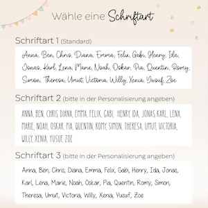 May include: A font selection chart titled W&auml;hle eine Schriftart featuring three distinct styles. Schriftart 1 displays names in a cursive script. Schriftart 2 shows names in an all-caps sans-serif font. Schriftart 3 presents names in a rounded sans-serif font.